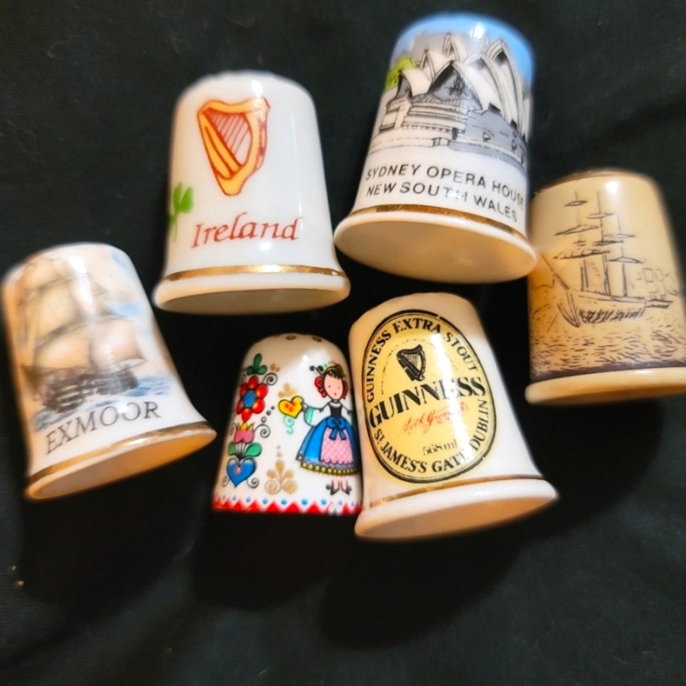 6 Porcelain Hand Painted Thimbles.Ireland Australia Austria& England Collectible